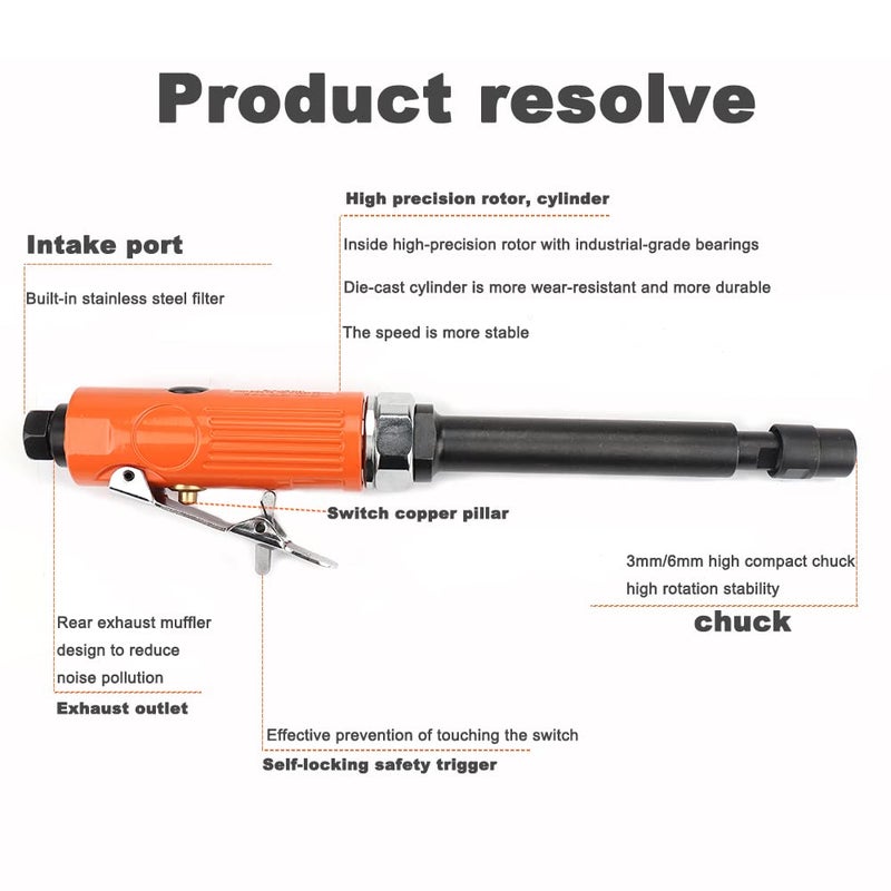 Baisiky 1/4'' | 1/8'' Extended Air Die Grinder Pneumatic Grinding Tool - Image 3